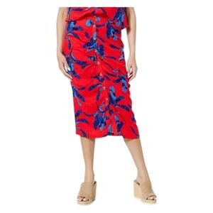 New Colleen Lopez Skirt Womens Sz 2X Red Blue Pleated Front Button‎ Midi Linen